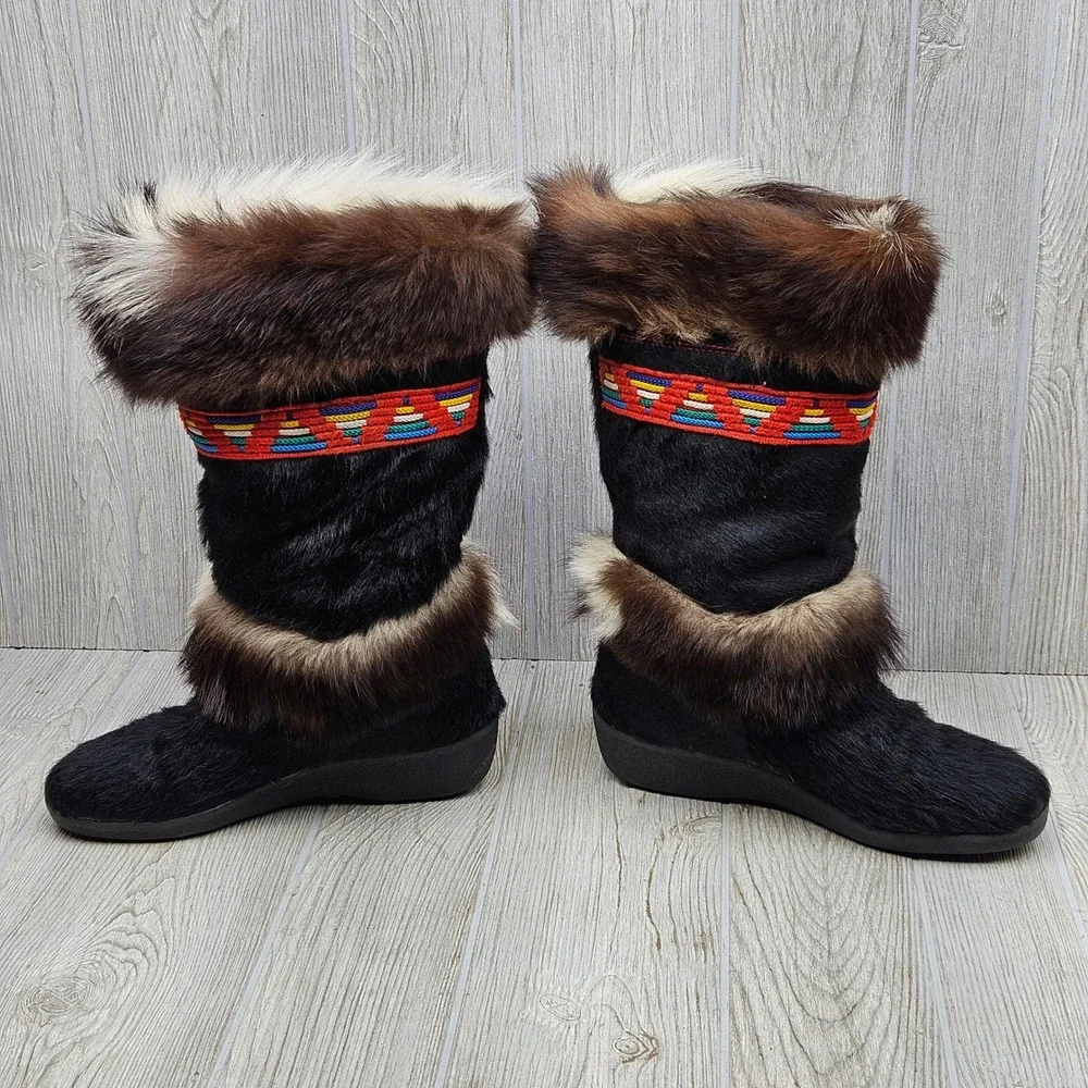 Tecnica‎ Vintage Goat Fur Apres Ski Boots Made in Italy Black Brown EU 39 US 8.5